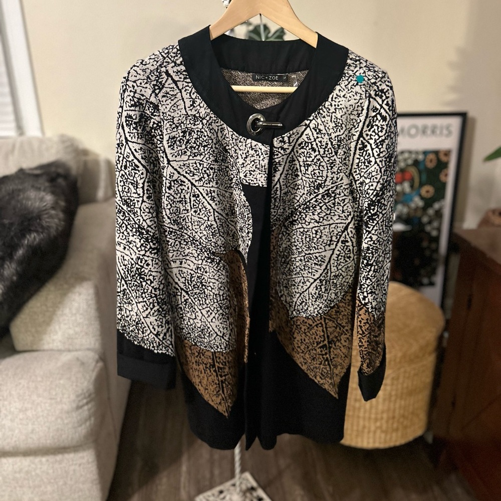 Nic + Zoe Art Defo Leaf Print Jacket Cardigan Blazer Black Brown Size L Fall